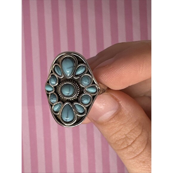 Size 10 Turquoise Statement Ring Western Boho Cluster Style, Silver Tone Band - Picture 2 of 6